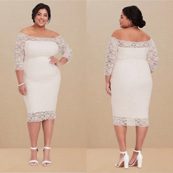 Torrid SPECIAL OCCASION IVORY LACE OFF SHOULDER BODYCON DRESS - Picture 3 of 8